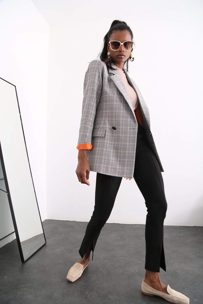 Turuncu Ekose Blazer Ceket 3138-05