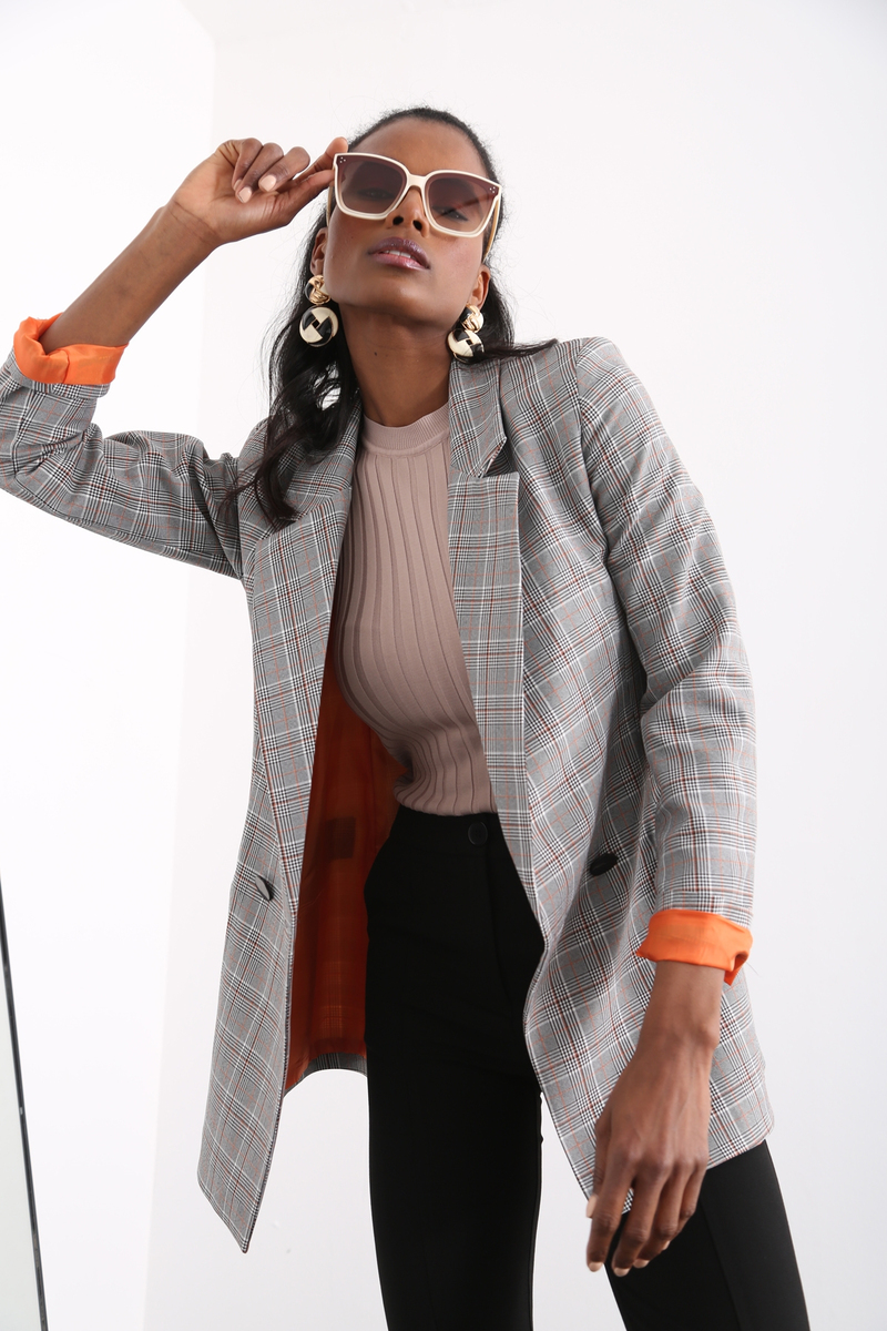 Turuncu Ekose Blazer Ceket 3138-05