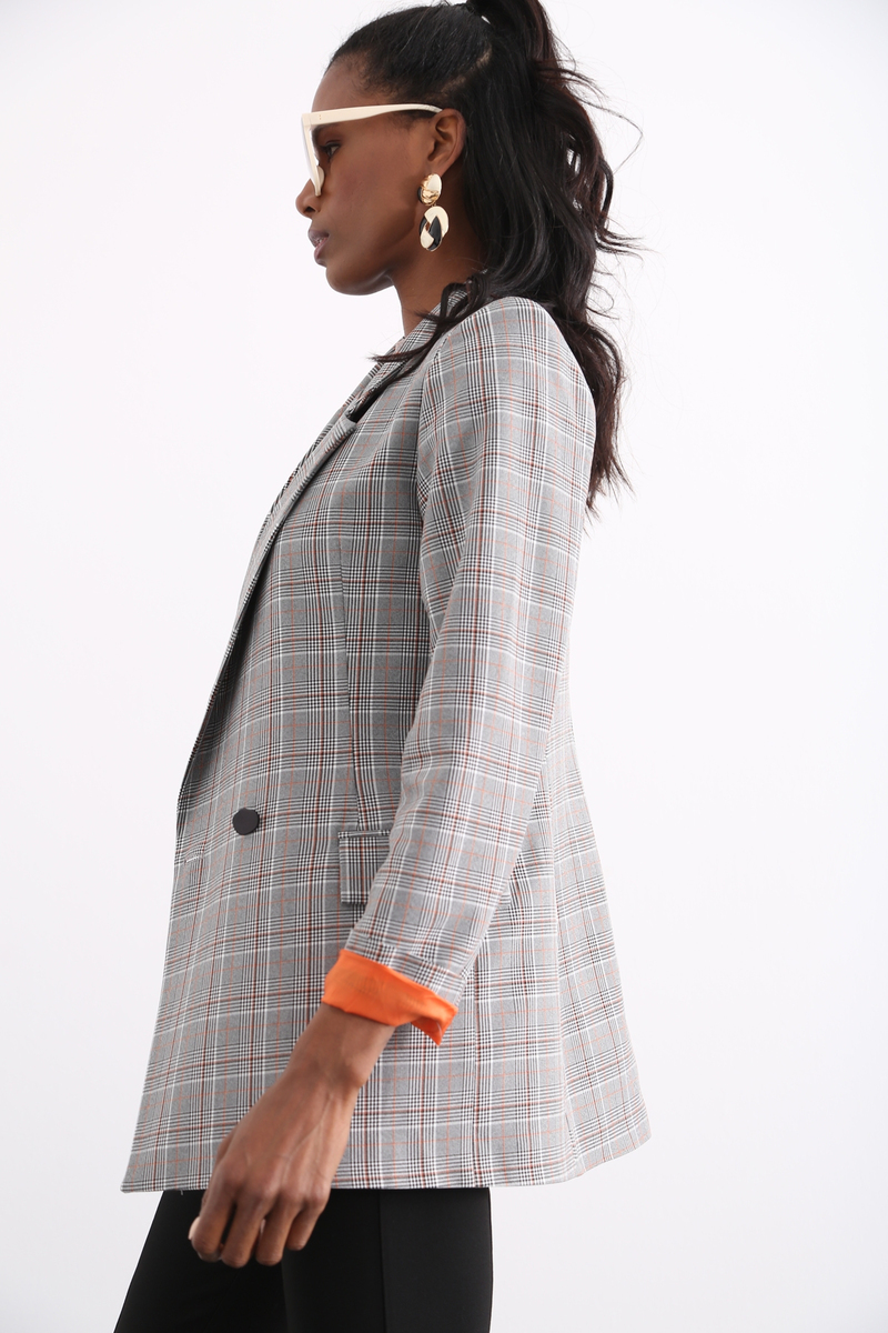Turuncu Ekose Blazer Ceket 3138-05