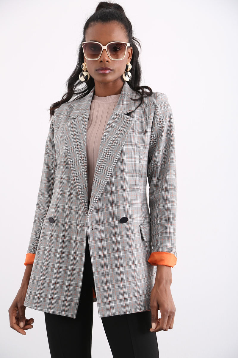 Turuncu Ekose Blazer Ceket 3138-05