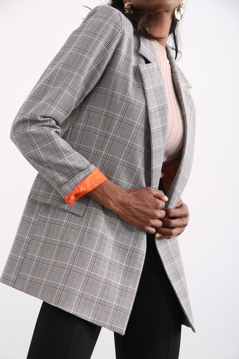 Turuncu Ekose Blazer Ceket 3138-05