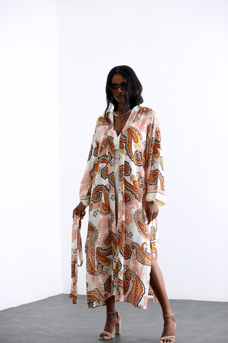 Turuncu Şal Desen Kuşaklı Kimono 0801