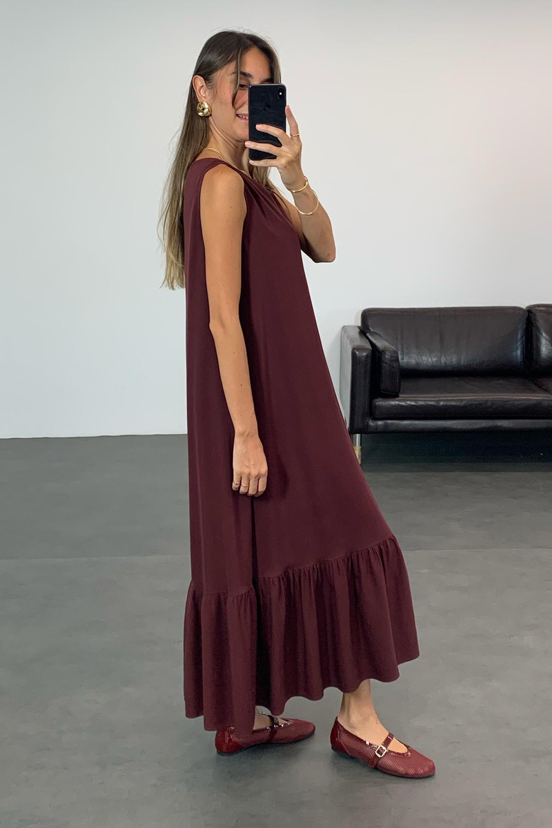 Vişne Eteği Volanlı Maxi Boy Elbise 1621