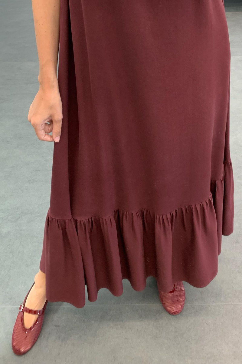Vişne Eteği Volanlı Maxi Boy Elbise 1621