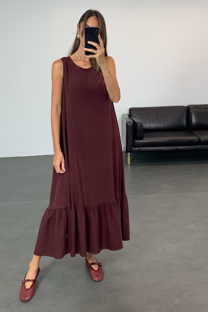 Vişne Eteği Volanlı Maxi Boy Elbise 1621