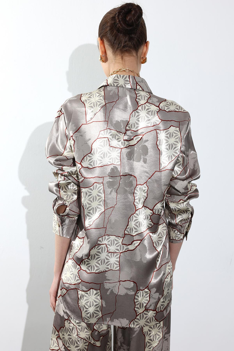 Vizon Geometrik Desenli Saten Gömlek 34703