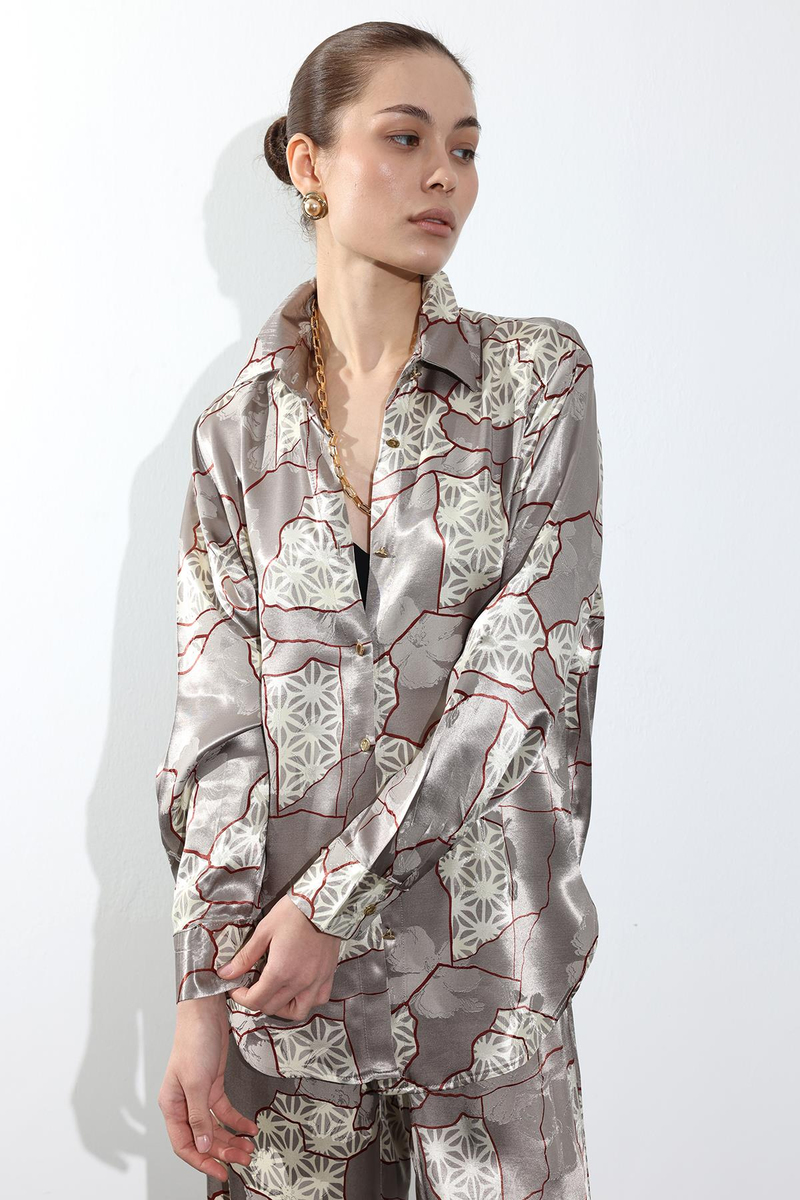 Vizon Geometrik Desenli Saten Gömlek 34703