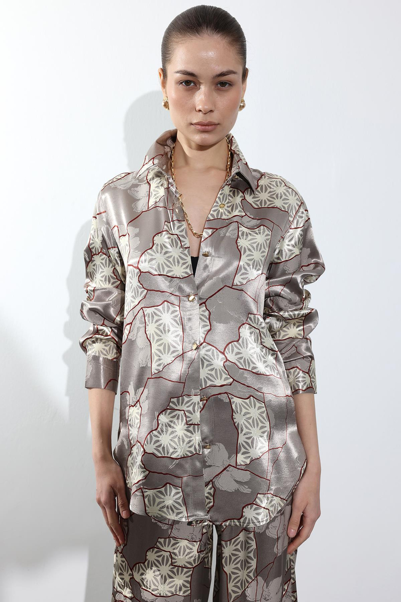 Vizon Geometrik Desenli Saten Gömlek 34703