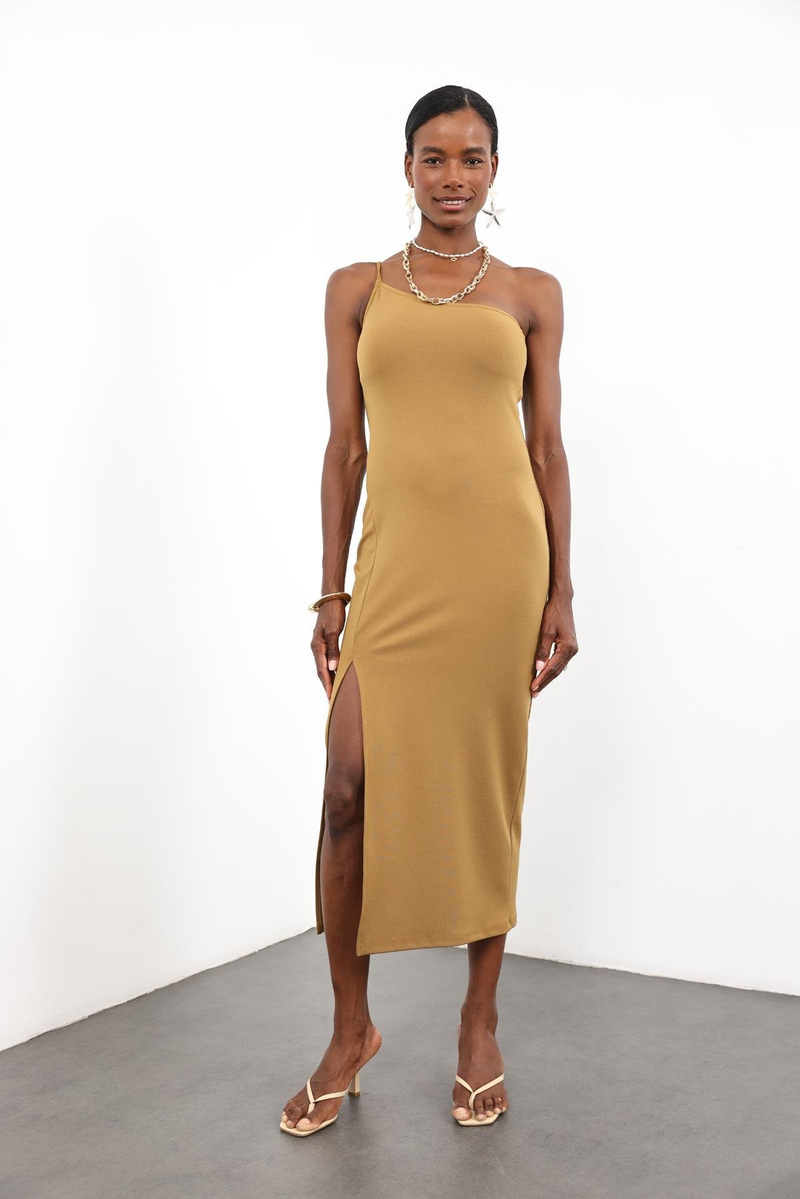 Yağ Yeşili Tek Kol Önü Yırtmaçlı Elbise 12154