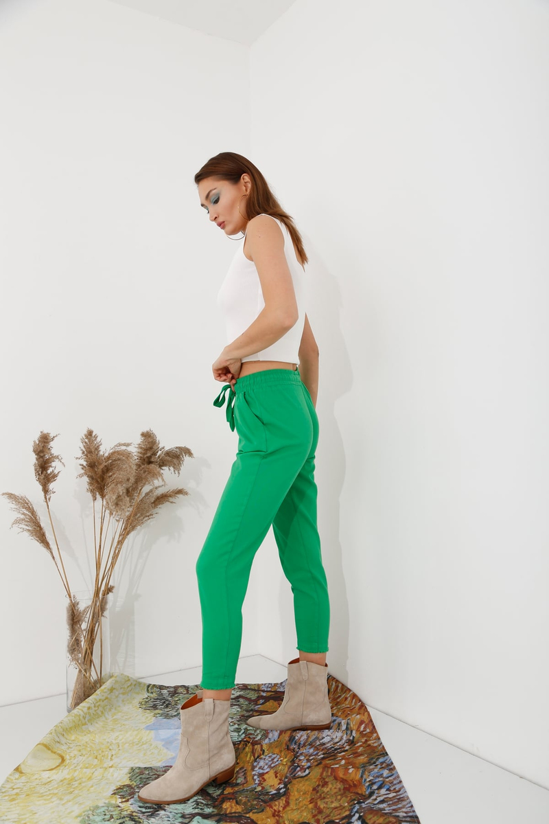 Yeşil Beli Lastikli Gabardin Pantolon 00104