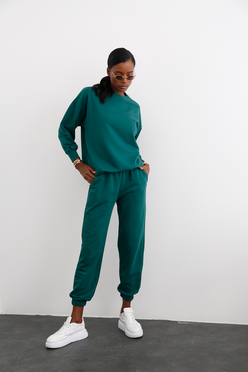 Yeşil Bisiklet Yaka Basic Sweatshirt 3200