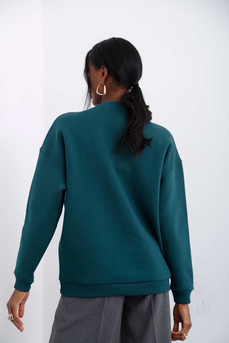Yeşil Bisiklet Yaka Şardonlu Sweatshirt 