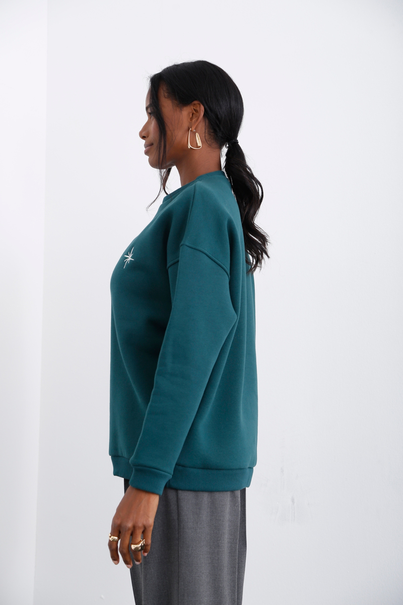 Yeşil Bisiklet Yaka Şardonlu Sweatshirt 