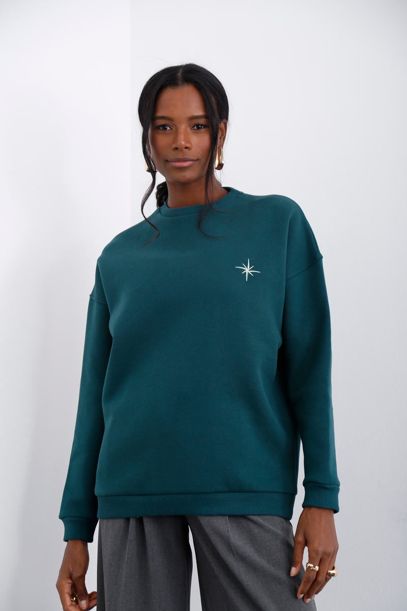 Yeşil Bisiklet Yaka Şardonlu Sweatshirt 