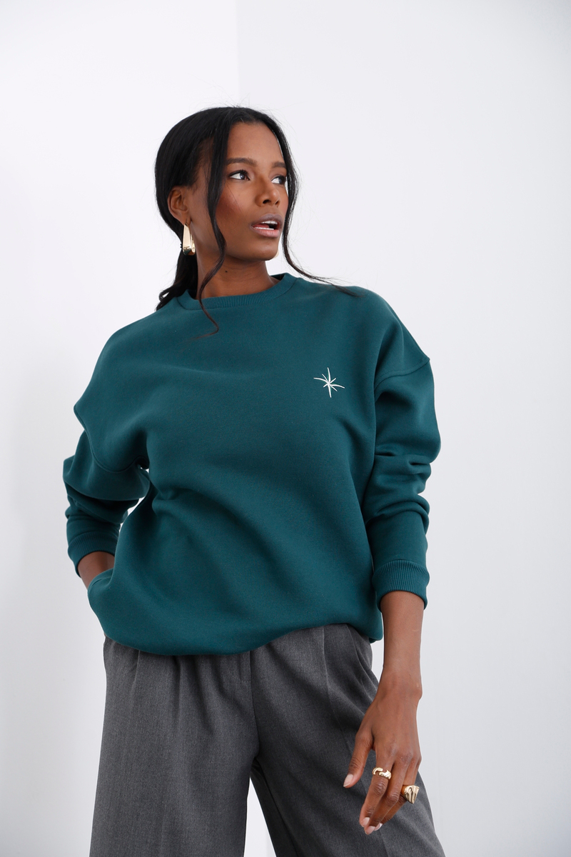 Yeşil Bisiklet Yaka Şardonlu Sweatshirt 