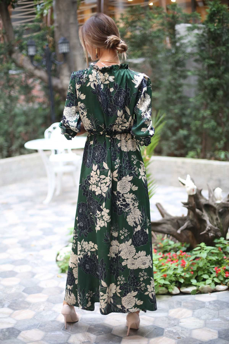 Yeşil Çiçek Desenli Maxi Elbise