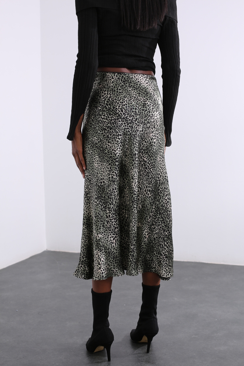 Yeşil Leopar Desen Saten Etek 13661