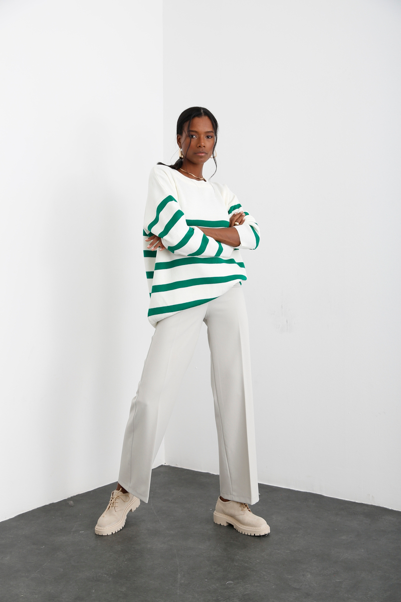 Yeşil Oversize Çizgili Triko 4054