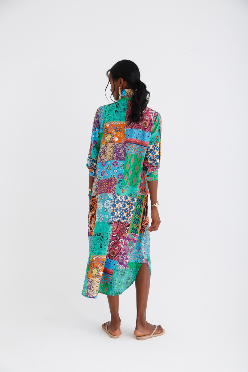Yeşil Patchwork Desenli Gömlek Elbise 028