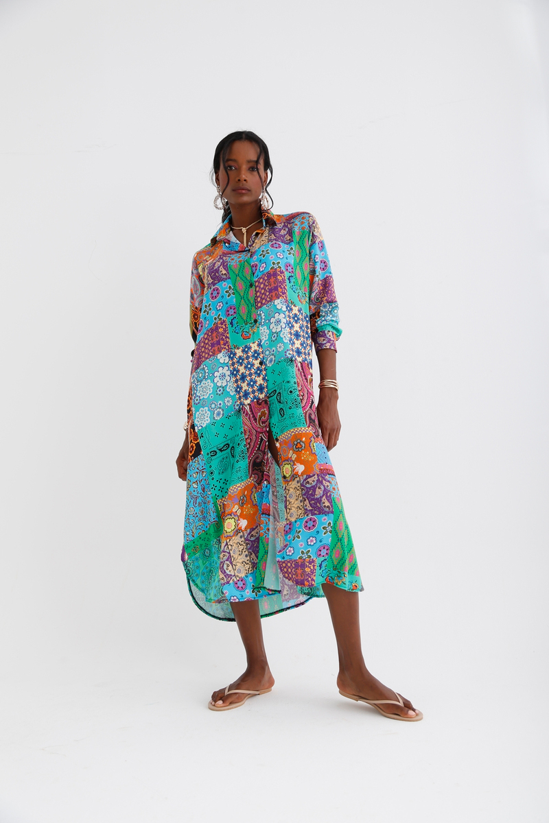 Yeşil Patchwork Desenli Gömlek Elbise 028