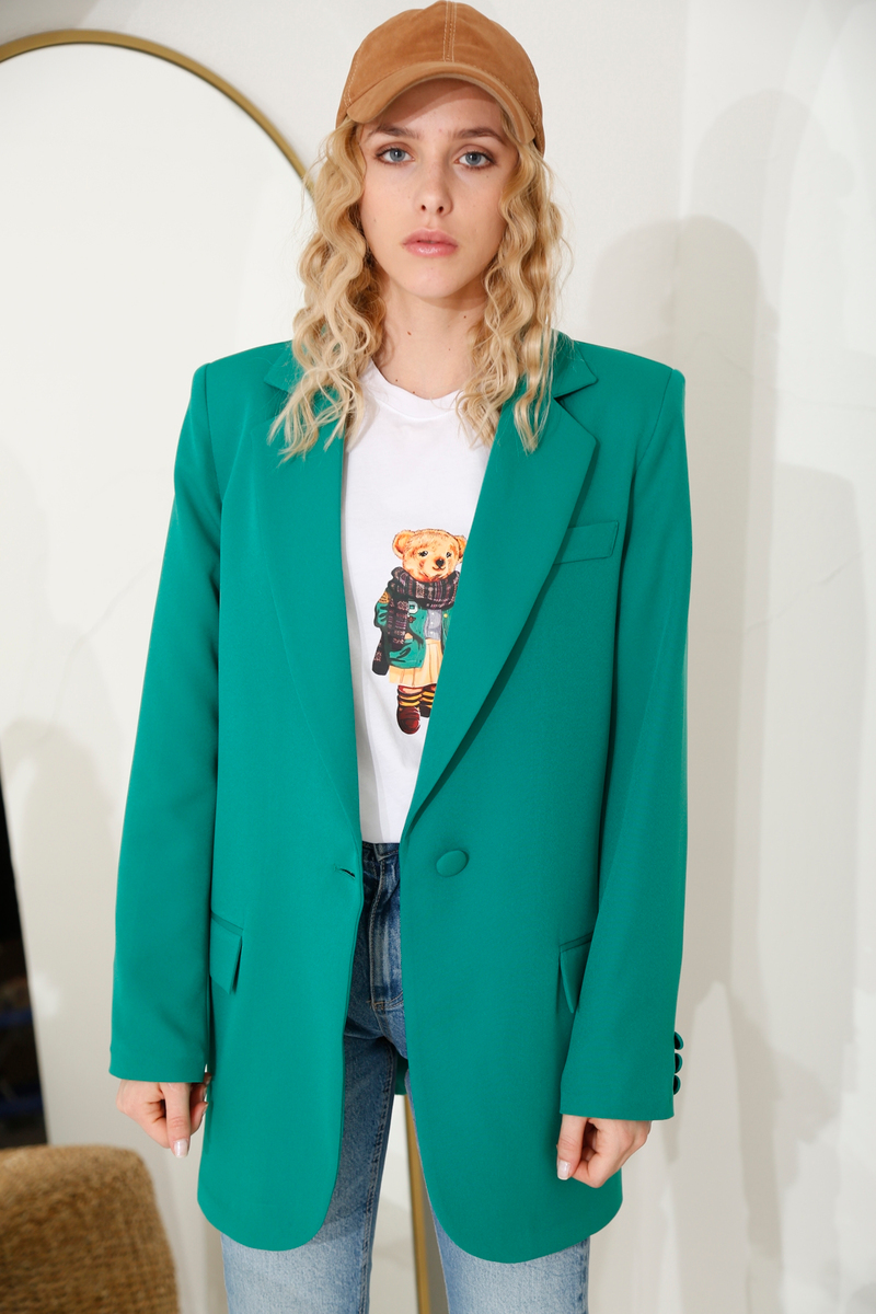 Yeşil Tek Düğme Oversize Ceket 3191