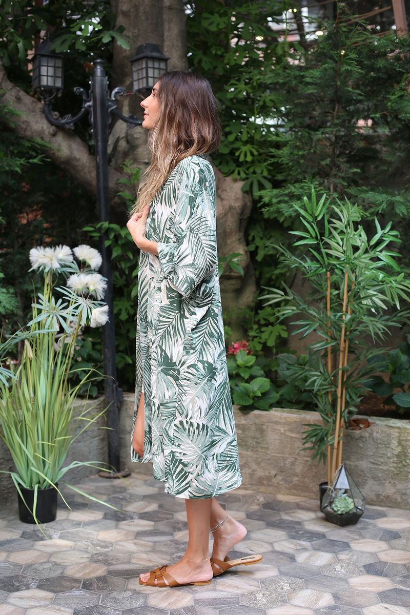 Yeşil Yaprak Desenli Kimono