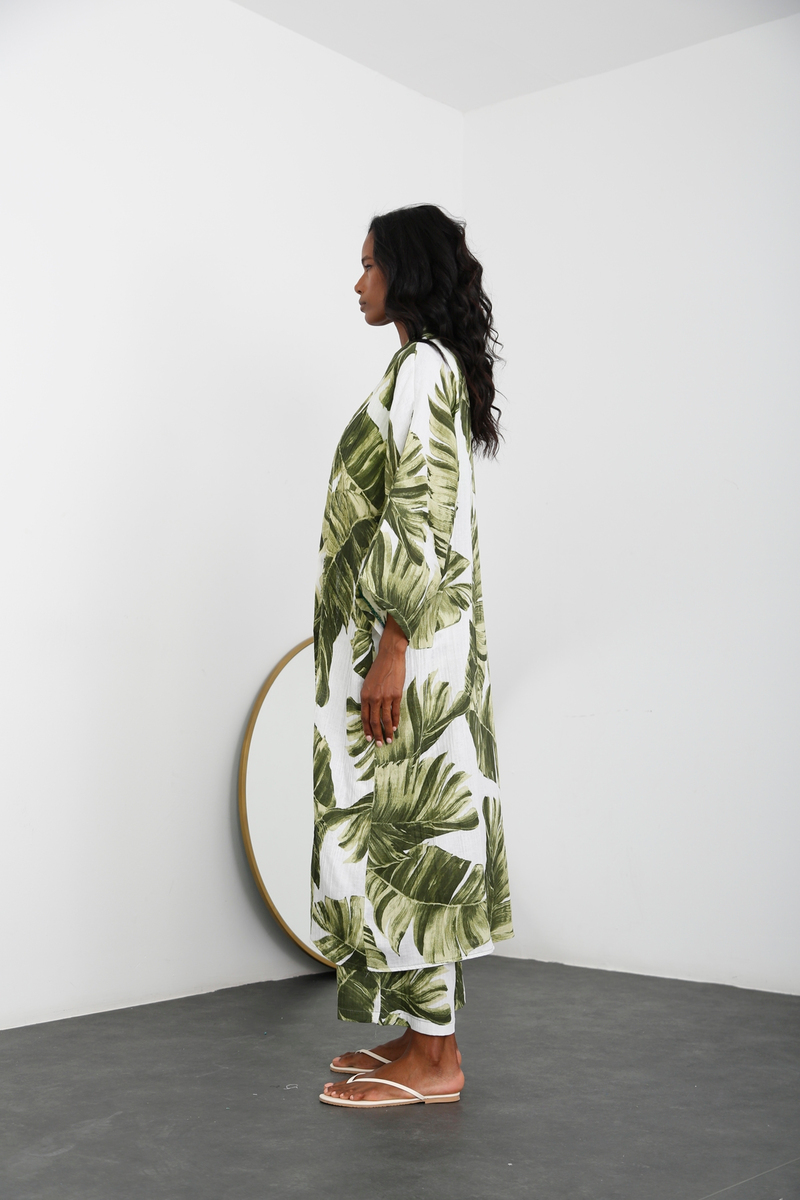 Yeşil Yaprak Desenli Kimono Takım 
