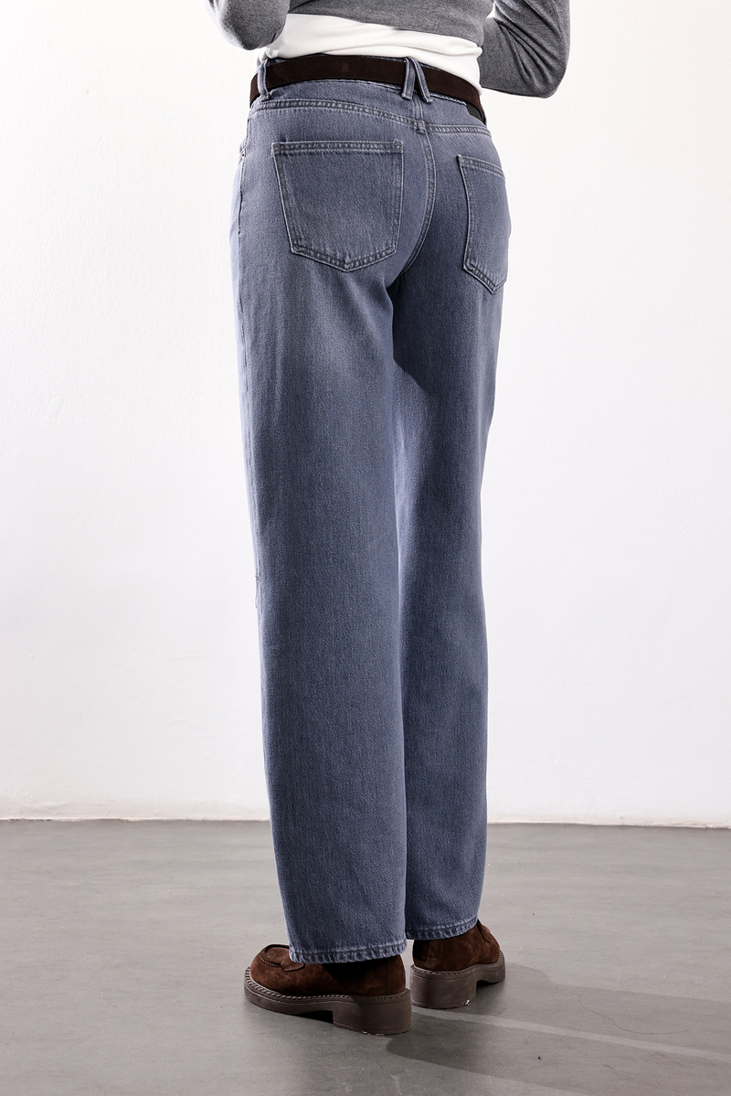 Yıkamalı Gri Wide Leg Jean 
