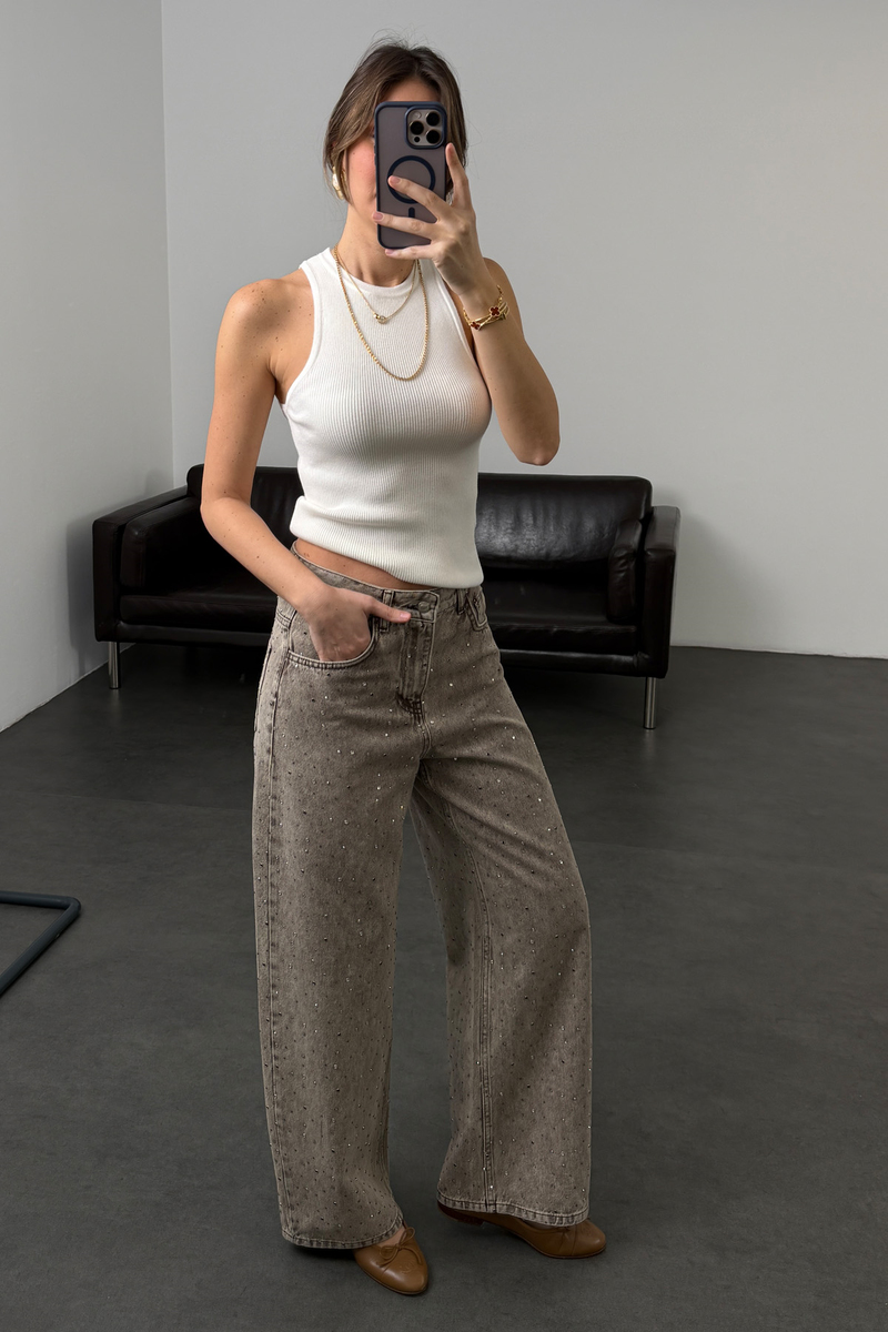 Yıkamalı Kahve Taşlı Wide Leg Jean 0026