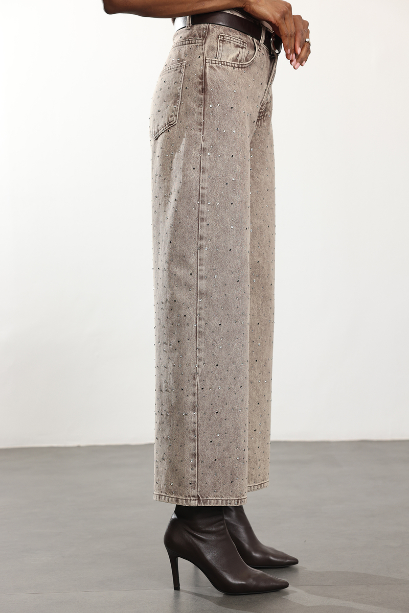 Yıkamalı Kahve Taşlı Wide Leg Jean 0026