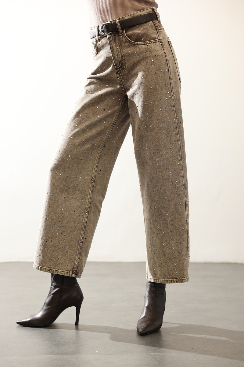 Yıkamalı Kahve Taşlı Wide Leg Jean 0026