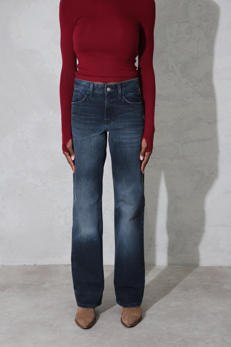 Yıkamalı Lacivert Yüksek Bel Straight Jean 