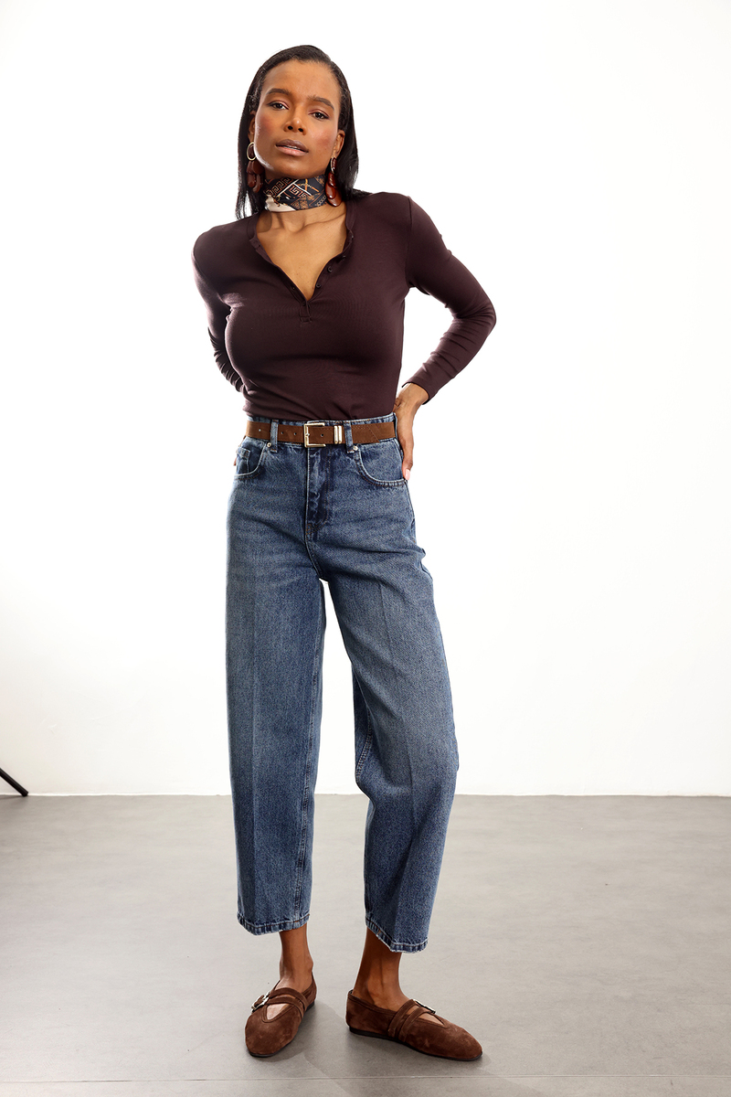 Yıkamalı Mavi Kemerli Baggy Jean 3010