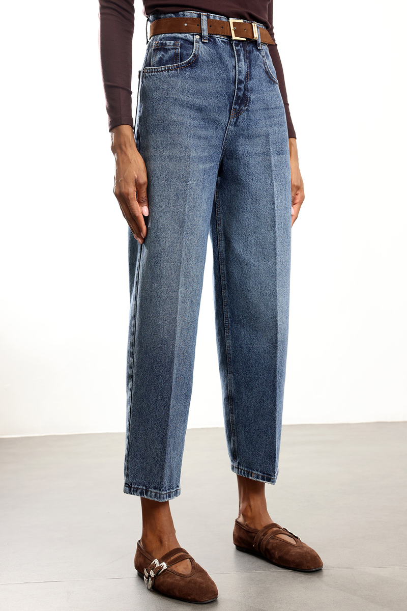 Yıkamalı Mavi Kemerli Baggy Jean 3010