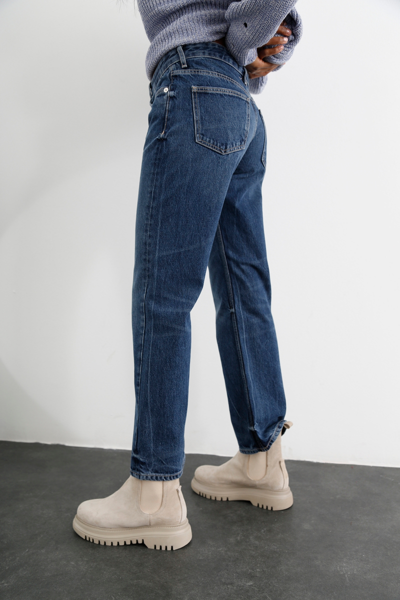 Yıkamalı Mavi Orta Bel Straight Fit Jean 