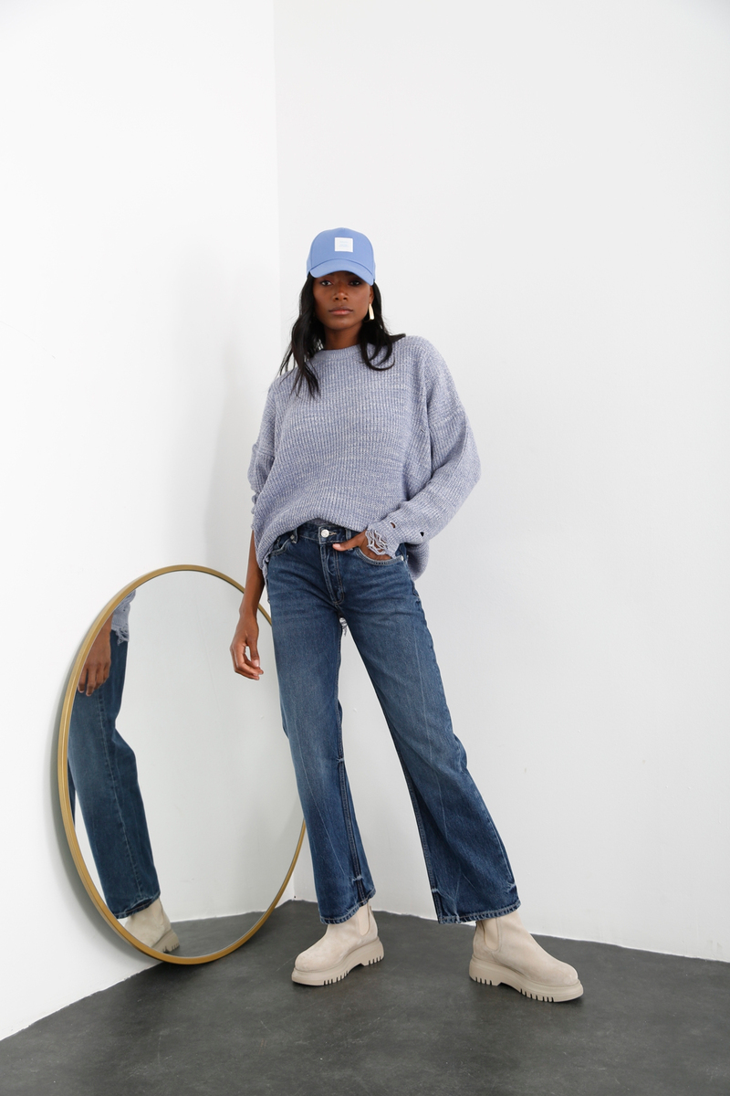 Yıkamalı Mavi Orta Bel Straight Fit Jean 