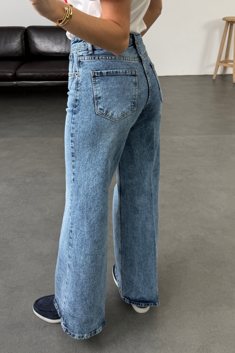 Yıkamalı Mavi Yüksek Bel Wide Leg Jean 