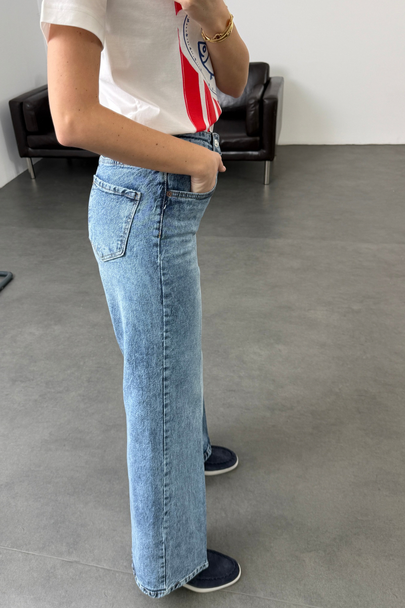 Yıkamalı Mavi Yüksek Bel Wide Leg Jean 