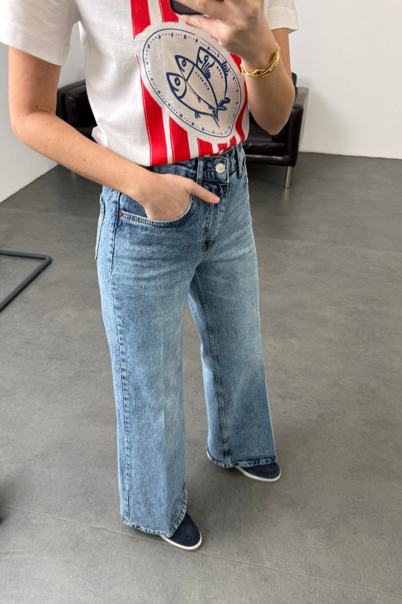 Yıkamalı Mavi Yüksek Bel Wide Leg Jean 