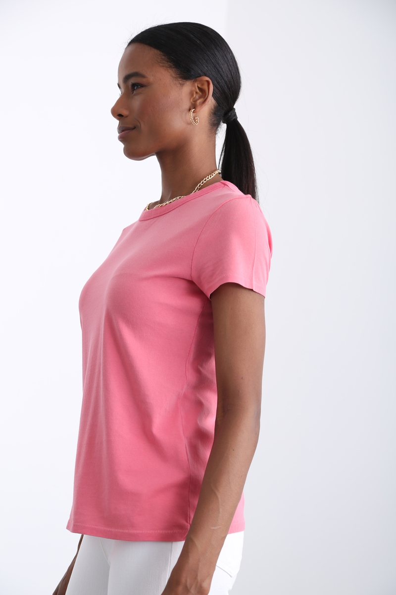 Yıkamalı Pembe Bisiklet Yaka Basic Tshirt 
