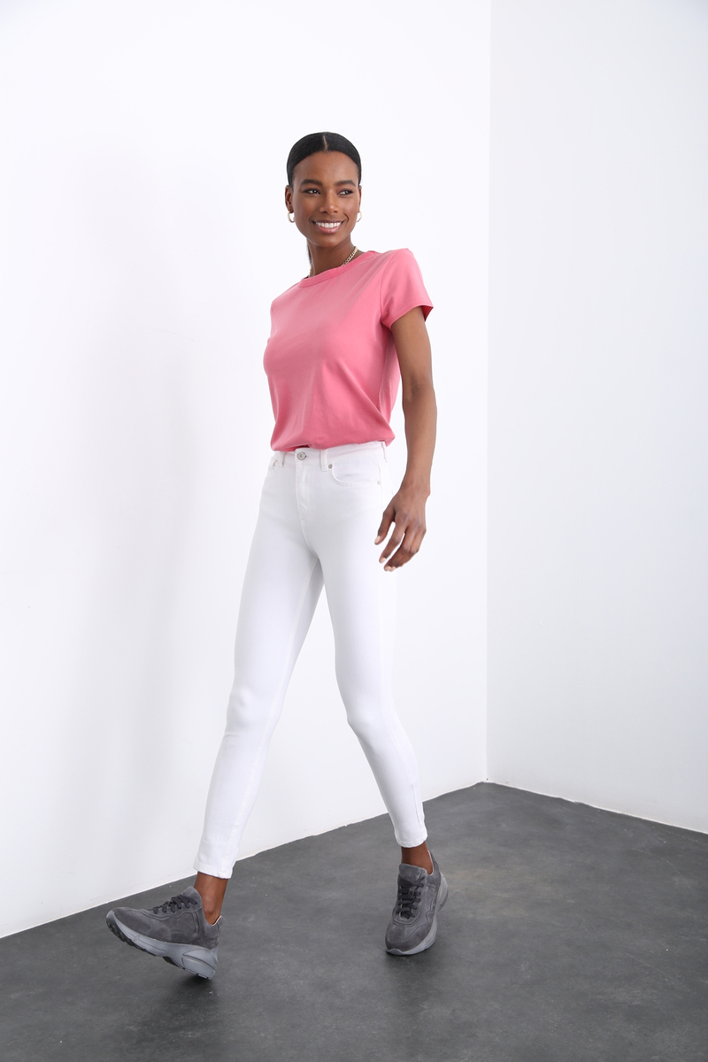 Yıkamalı Pembe Bisiklet Yaka Basic Tshirt 