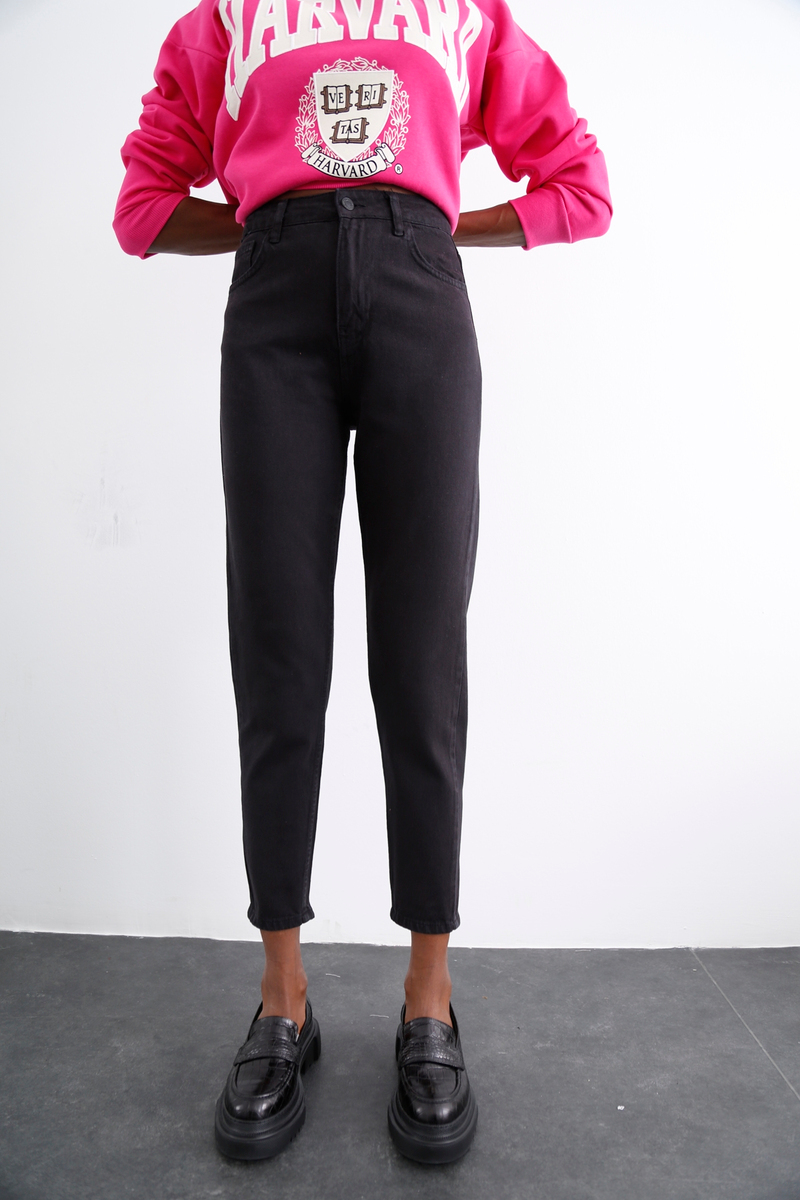Yıkamalı Siyah Yüksek Bel Mom Jean 50287