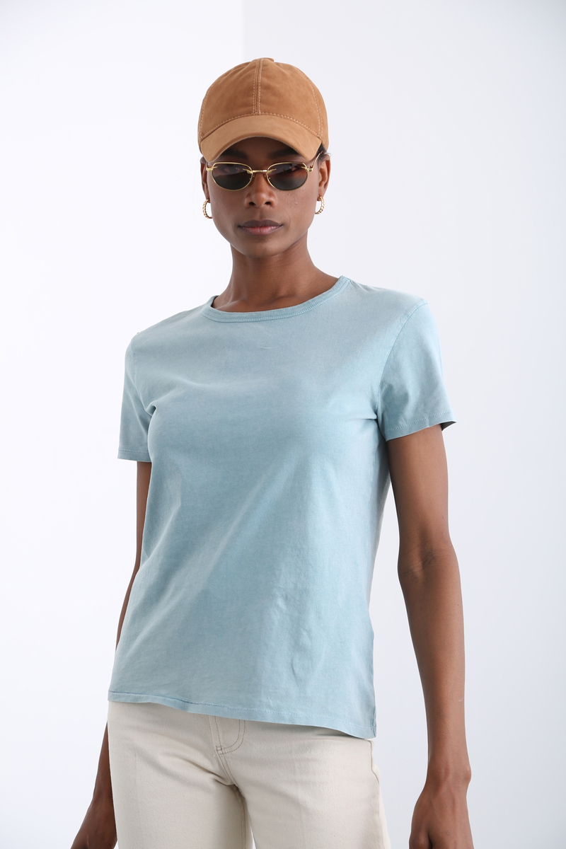 Yıkamalı Yeşil Bisiklet Yaka Basic Tshirt 