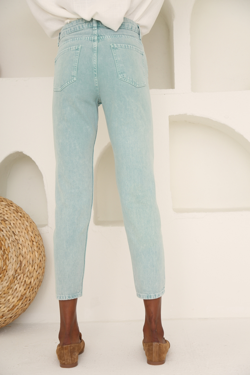 Yıkamalı Yeşil Yüksek Bel Mom Jean 50281