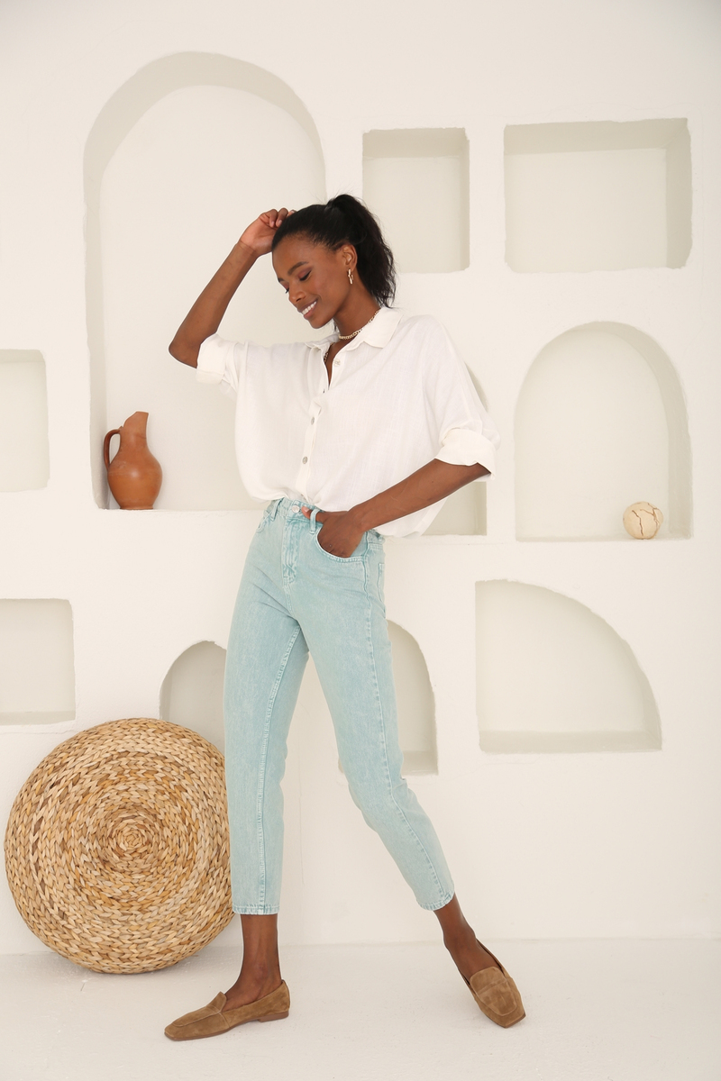 Yıkamalı Yeşil Yüksek Bel Mom Jean 50281