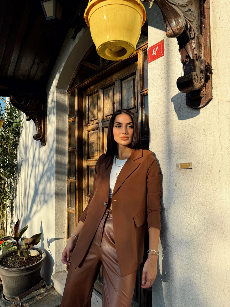 Dökümlü Slim Fit Kruvaze Blazer Ceket 3236 ACI KAHVE