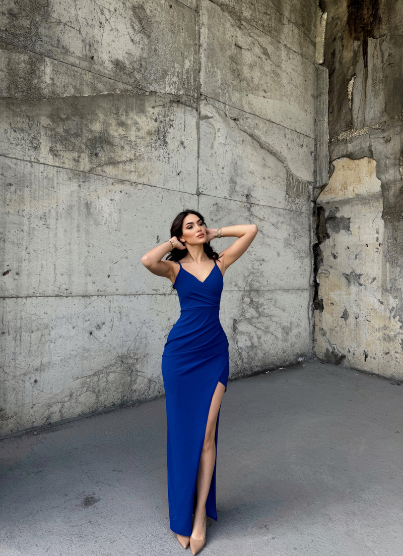 Emily Kruvaze Yaka İp Askı Yırtmaçlı Abiye 582193 SAKS MAVİSİ