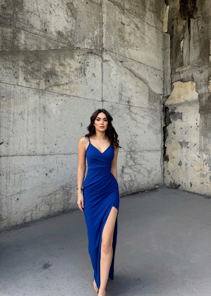 Emily Kruvaze Yaka İp Askı Yırtmaçlı Abiye 582193 SAKS MAVİSİ