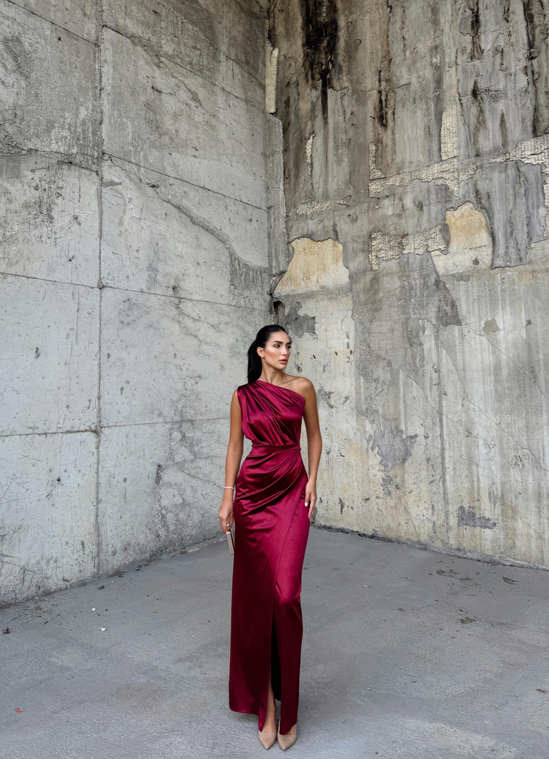 Fiona Tek Kol Drapeli Saten Abiye 582856 BORDO
