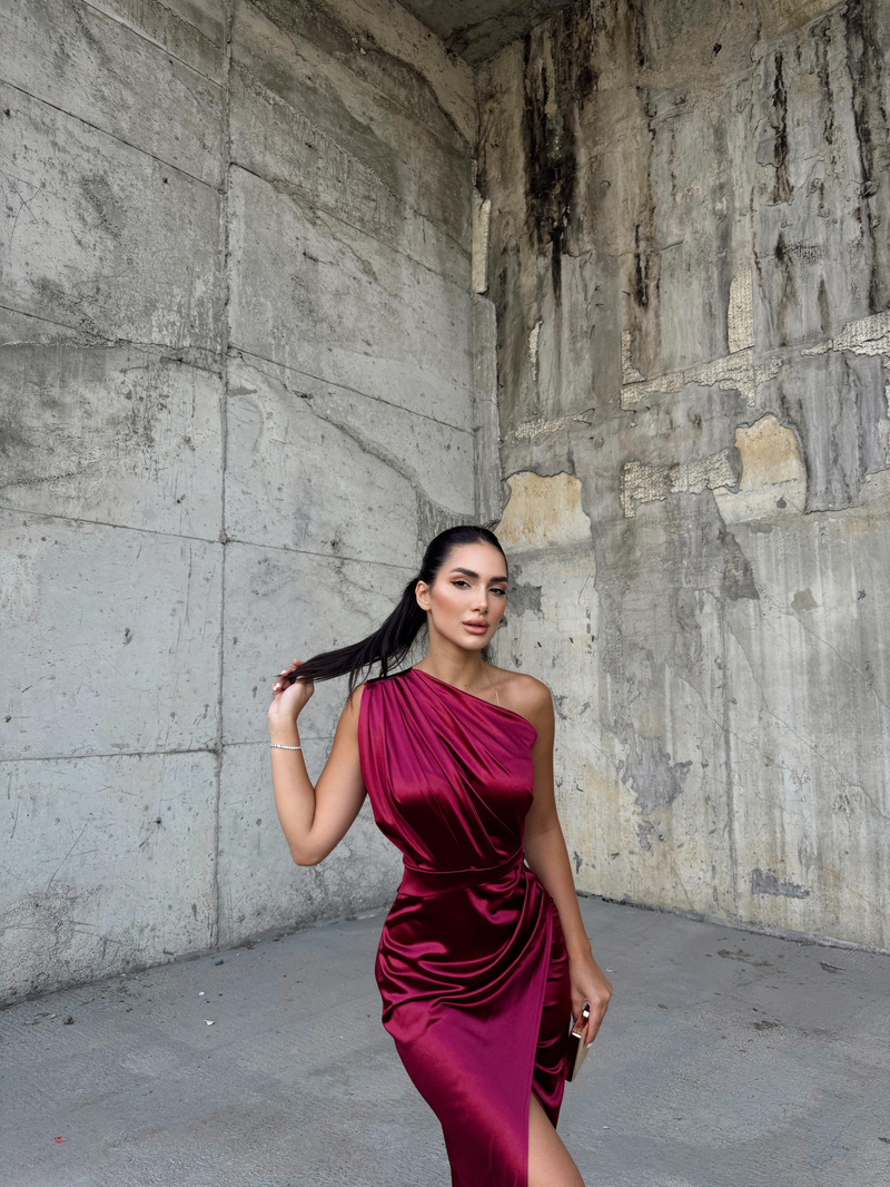 Fiona Tek Kol Drapeli Saten Abiye 582856 BORDO